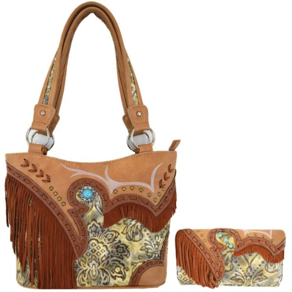 Beige & Brown Tassel Handbag & Wallet