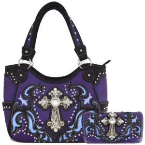 Purple Cross Stud Country Concealed Carry Handbag Wallet Set