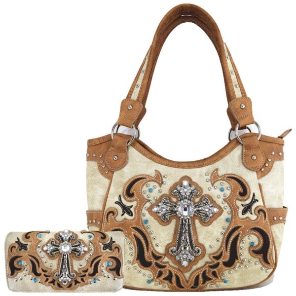 Sand Cross Stud Concealed Carry Handbag Wallet Set