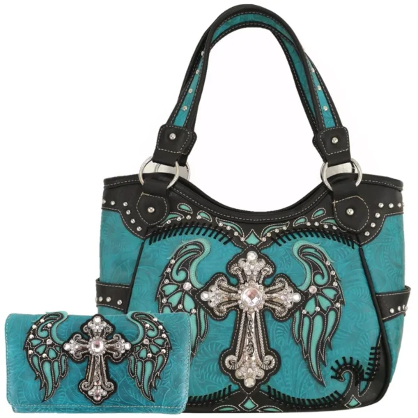 Teal Wings Metal Cross Handbag Set