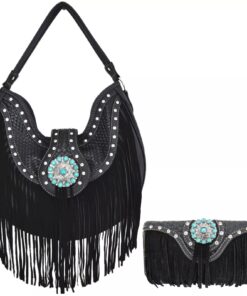 Black Western Cowgirl Handbag Concealed Carry Purse Women Shoulder Bag / Wallet Set
