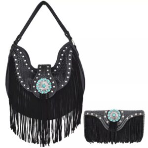 Black Western Cowgirl Handbag Concealed Carry Purse Women Shoulder Bag / Wallet Set