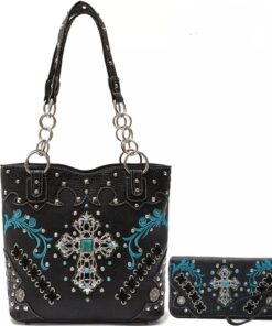 Black & Teal Cross Studded Handbag Wallet Set