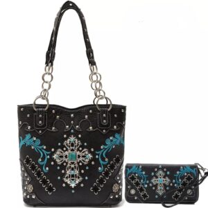 Black & Teal Cross Studded Handbag Wallet Set