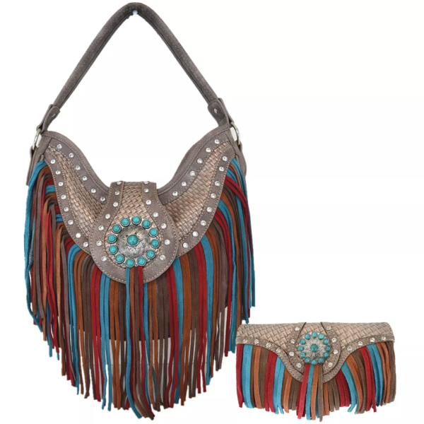 Grey Fringe Western Cowgirl Handbag Set