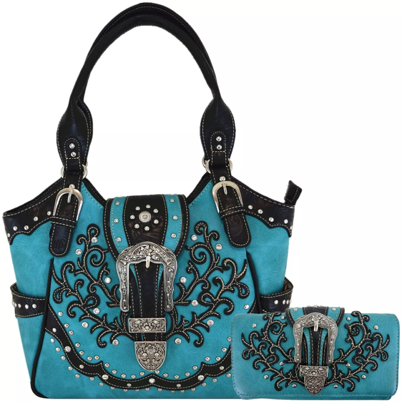 Teal Western Buckle Handbag Set